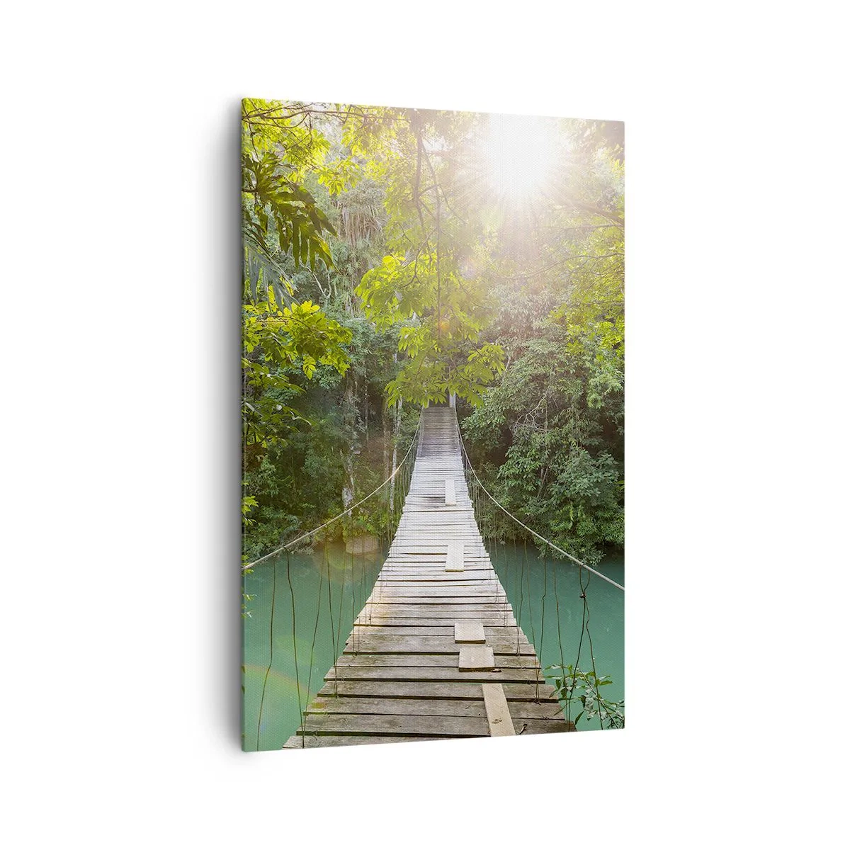 Cuadro sobre lienzo - Impresión de Imagen - Un puente colgante en un bosque tropical iluminado por la luz del sol. - 80x120cm - Sobre el agua azul hacia el bosque - Decoración de pared moderna para salón y dormitorio ARTTOR