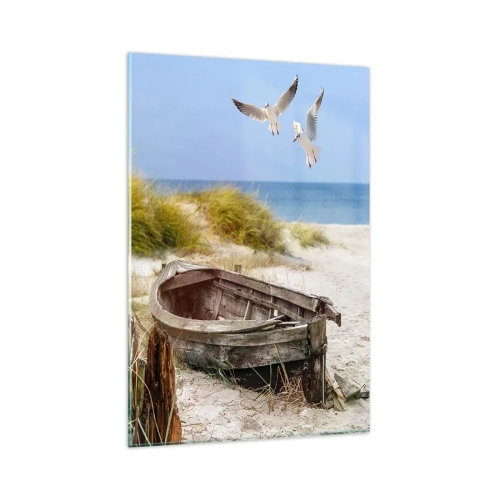 Cuadro sobre vidrio - Impresiones sobre Vidrio - Barco abandonado en una playa con gaviotas - 80x120cm - Bañada por el viento - Decoración de pared moderna para salón y dormitorio ARTTOR