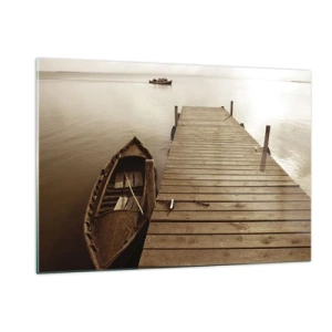 Cuadro sobre vidrio - Impresiones sobre Vidrio - Un barco en un muelle en un lago tranquilo en sepia. - 120x80cm - La auténtica paz - Decoración de pared moderna para salón y dormitorio ARTTOR