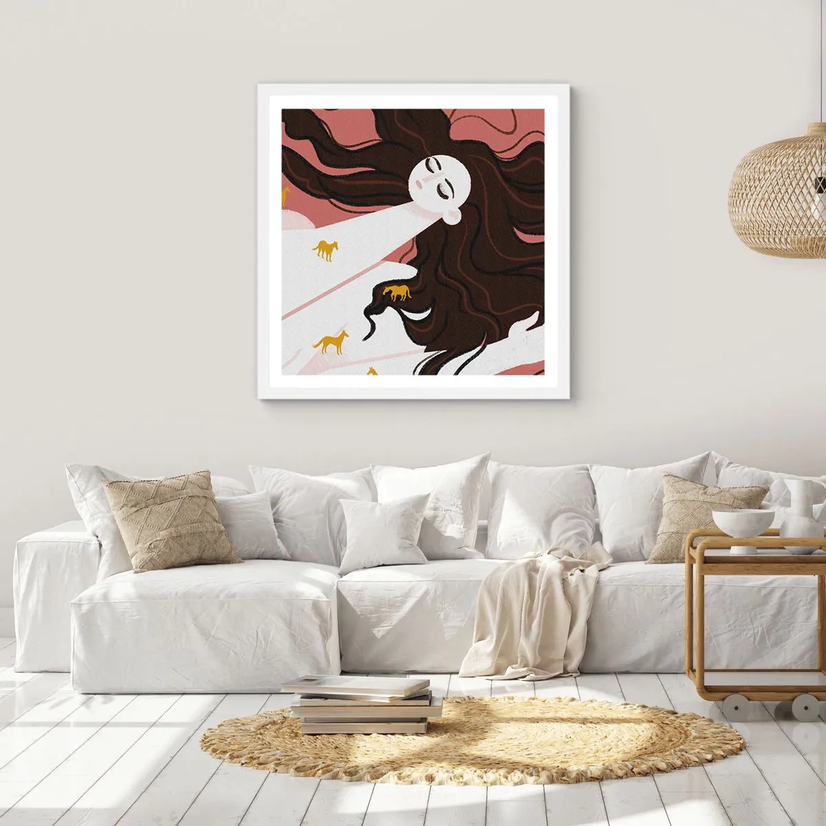Póster en marco blanco - Sueño de caballos dorados - 40x40 cm