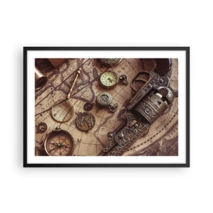 Póster en marco negro - Objetos antiguos en un mapa antiguo en estilo retro. - 70x50cm - La aventura llama - Decoración de pared moderna para salón y dormitorio ARTTOR
