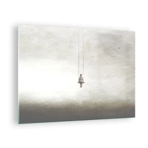 Cuadro sobre vidrio - Impresiones sobre Vidrio - Una figura en un columpio suspendido en el cielo. - 70x50cm - El niño que llevamos dentro - Decoración de pared moderna para salón y dormitorio ARTTOR