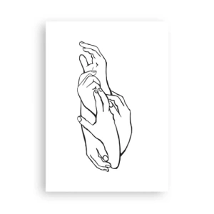 Póster - Un boceto minimalista de manos juntas sobre un fondo blanco. - 50x70cm - El tacto - Decoración de pared moderna para salón y dormitorio ARTTOR