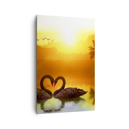 Cuadro sobre lienzo - Impresión de Imagen - Dos cisnes negros formando un corazón con el telón de fondo de un atardecer en el lago. - 80x120cm - Todo a juego - Decoración de pared moderna para salón y dormitorio ARTTOR