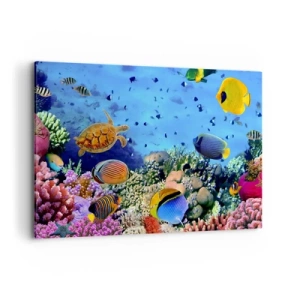 Cuadro sobre lienzo - Impresión de Imagen - Arrecife de coral con peces de colores y una tortuga marina. - 100x70cm - Y qué sabemos de la vida... - Decoración de pared moderna para salón y dormitorio ARTTOR
