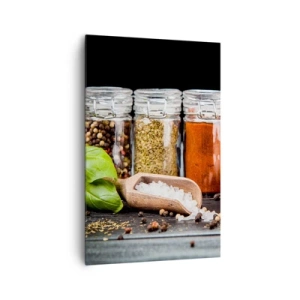 Cuadro sobre lienzo - Impresión de Imagen - Hierbas y especias en frascos de vidrio sobre un fondo oscuro. - 80x120cm - Para que la vida sepa bien - Decoración de pared moderna para salón y dormitorio ARTTOR