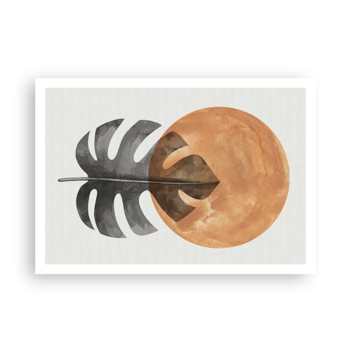 Póster - Hoja de monstera y círculo dorado sobre un fondo claro - 100x70cm - Siempre el sol - Decoración de pared moderna para salón y dormitorio ARTTOR