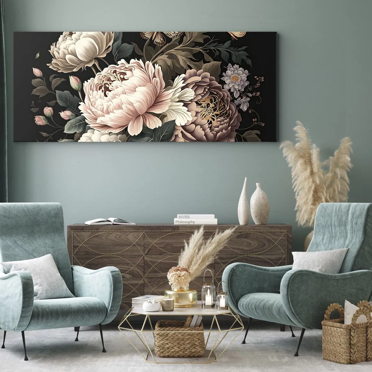 Cuadro sobre lienzo - Impresión de Imagen - Un ramo de flores rosas y mariposas sobre un fondo negro. - 140x50cm - En estilo barroco - Decoración de pared moderna para salón y dormitorio ARTTOR