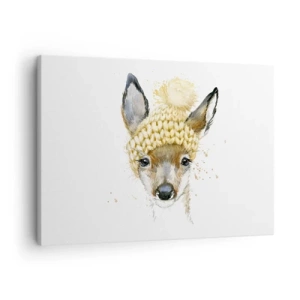 Cuadro sobre lienzo - Impresión de Imagen - Ciervo de acuarela con gorra amarilla - 70x50cm - Para el invierno en un bosque nevado - Decoración de pared moderna para salón y dormitorio ARTTOR