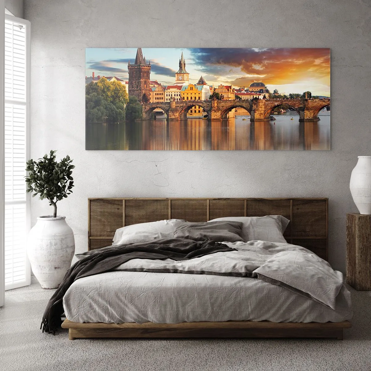 Cuadro sobre vidrio - Impresiones sobre Vidrio - El puente histórico sobre el río a la luz del sol poniente. - 120x50cm - La belleza no tiene edad - Decoración de pared moderna para salón y dormitorio ARTTOR