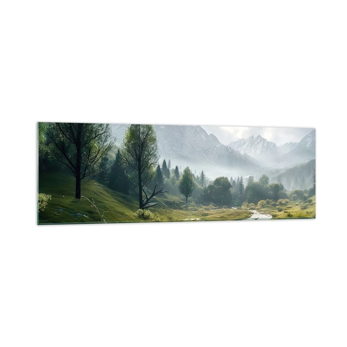 Cuadro sobre vidrio - Impresiones sobre Vidrio - Un paisaje montañoso con un río y árboles rodeados de montañas brumosas. - 160x50cm - De ida y vuelta - Decoración de pared moderna para salón y dormitorio ARTTOR