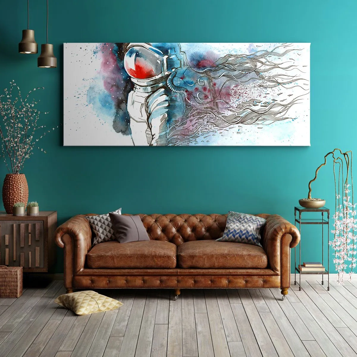 Cuadro sobre lienzo - Impresión de Imagen - Un cosmonauta en una acuarela dinámica con detalles cósmicos. - 140x50cm - A solas con el cosmos - Decoración de pared moderna para salón y dormitorio ARTTOR