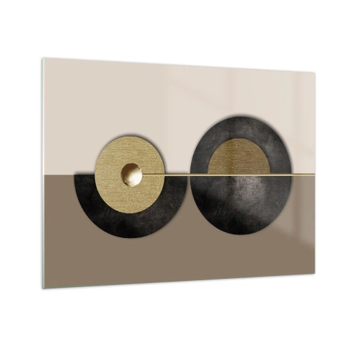 Cuadro sobre vidrio - Impresiones sobre Vidrio - Círculos geométricos en dorado y negro sobre fondo beige. - 70x50cm - Variaciones en torno a un círculo - Decoración de pared moderna para salón y dormitorio ARTTOR