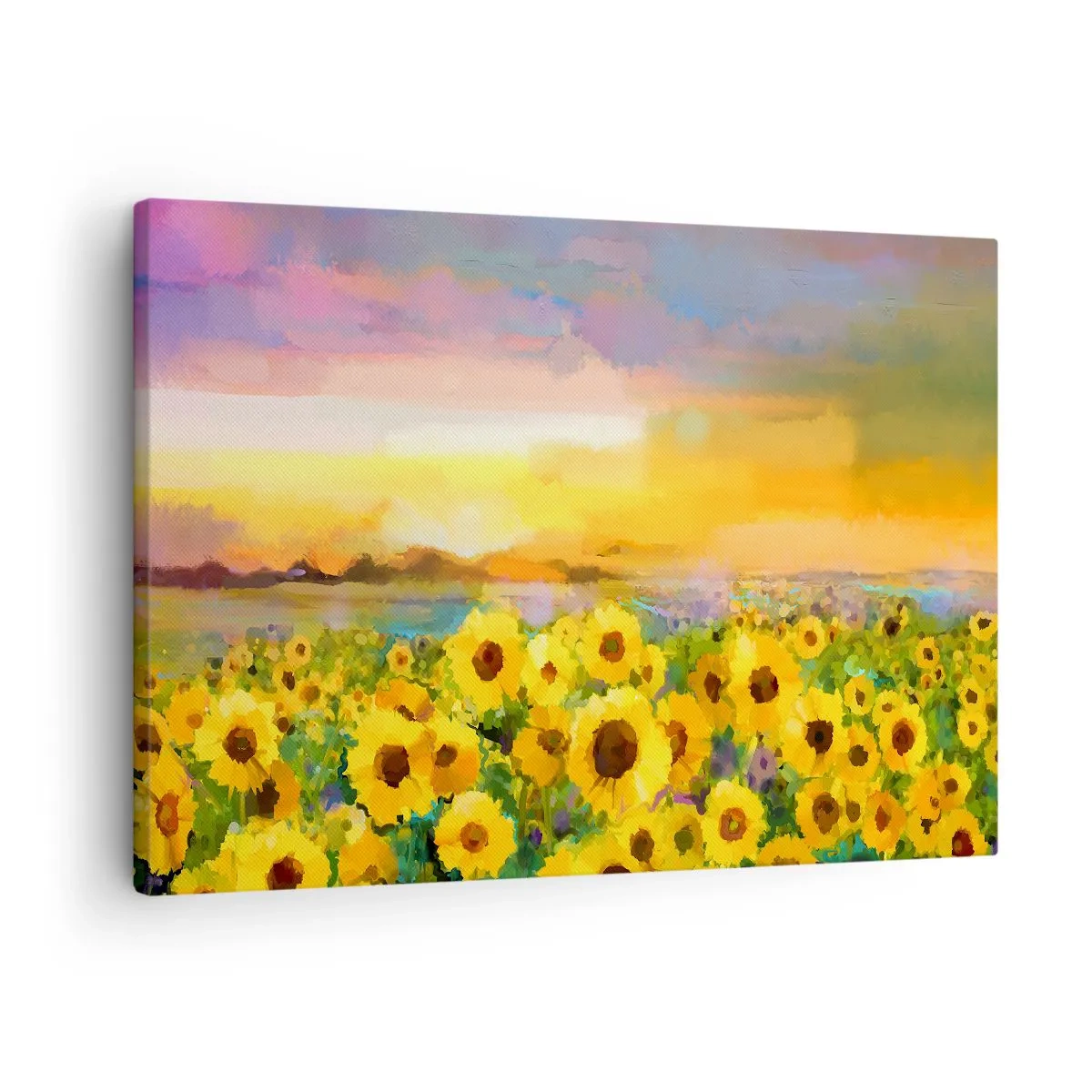 Cuadro sobre lienzo - Impresión de Imagen - Un campo de girasoles a la luz del sol poniente. - 70x50cm - El propio sol ha bajado a la Tierra - Decoración de pared moderna para salón y dormitorio ARTTOR