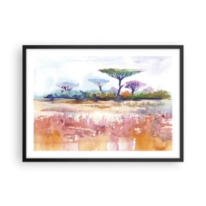 Póster en marco negro - Un pintoresco paisaje de sabana en colores de acuarela. - 70x50cm - Colores de la sabana - Decoración de pared moderna para salón y dormitorio ARTTOR