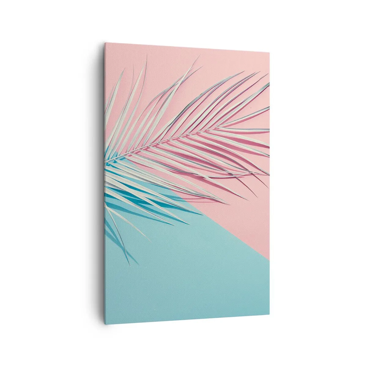 Cuadro sobre lienzo - Impresión de Imagen - Hoja tropical sobre un fondo de tonos pastel de rosa y azul. - 80x120cm - Impresión tropical - Decoración de pared moderna para salón y dormitorio ARTTOR