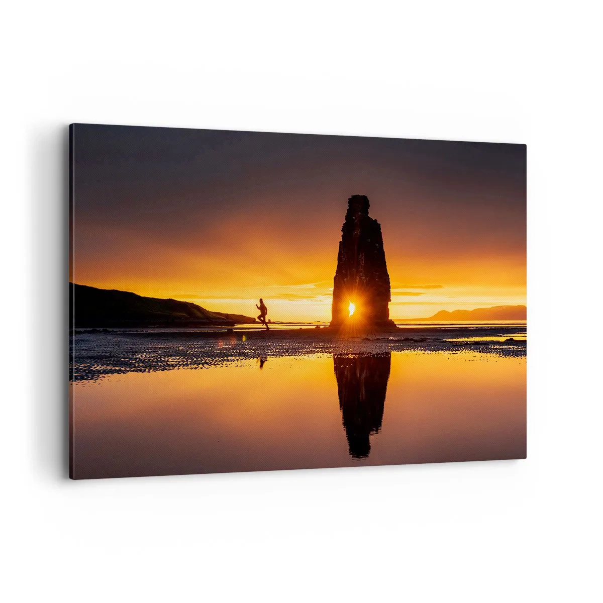 Cuadro sobre lienzo - Impresión de Imagen - Persona corriendo en la playa al atardecer con formación rocosa - 120x80cm - Solo tú y la naturaleza - Decoración de pared moderna para salón y dormitorio ARTTOR