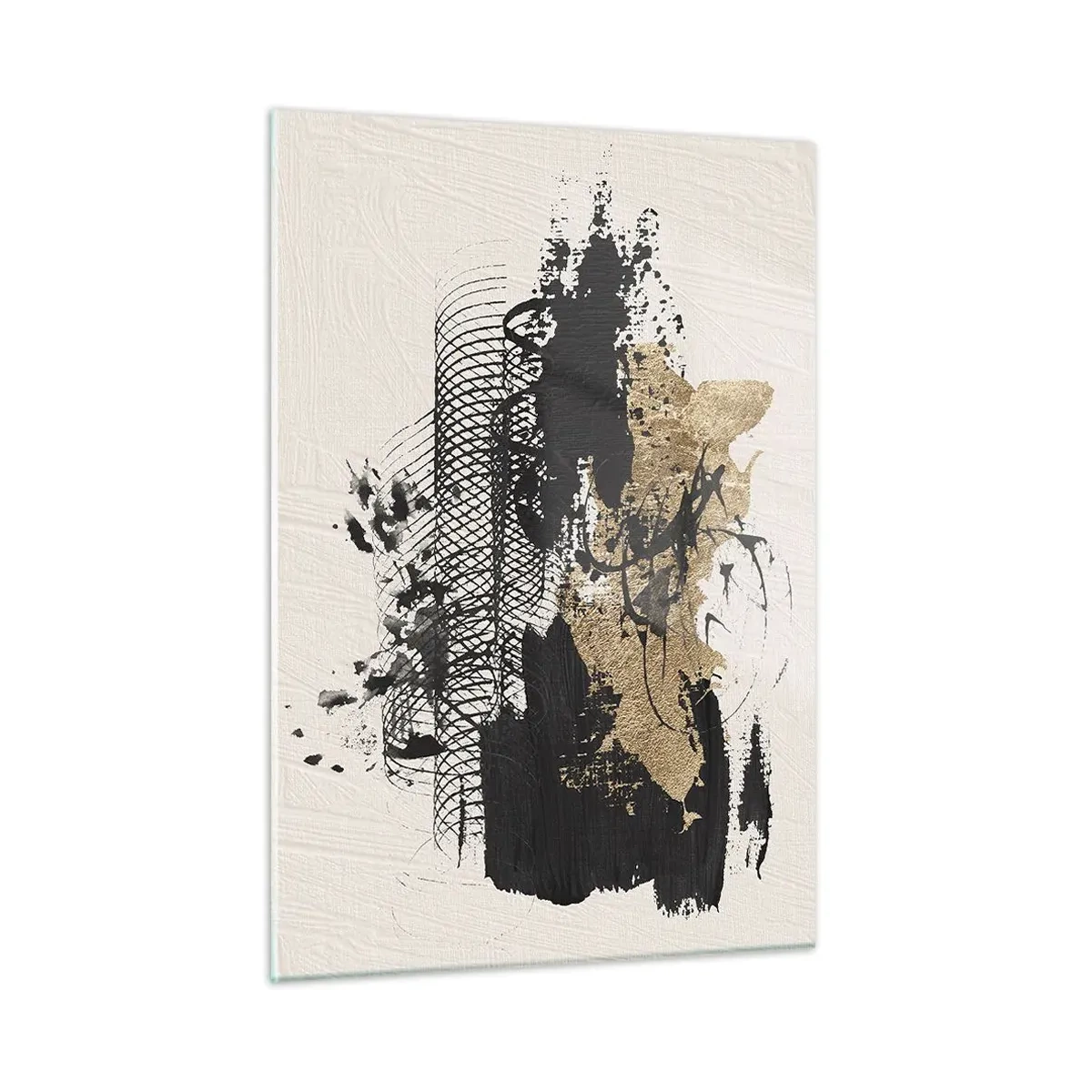 Cuadro sobre vidrio - Impresiones sobre Vidrio - Composición abstracta en negro y dorado sobre un fondo claro. - 50x70cm - Composición con pasión - Decoración de pared moderna para salón y dormitorio ARTTOR