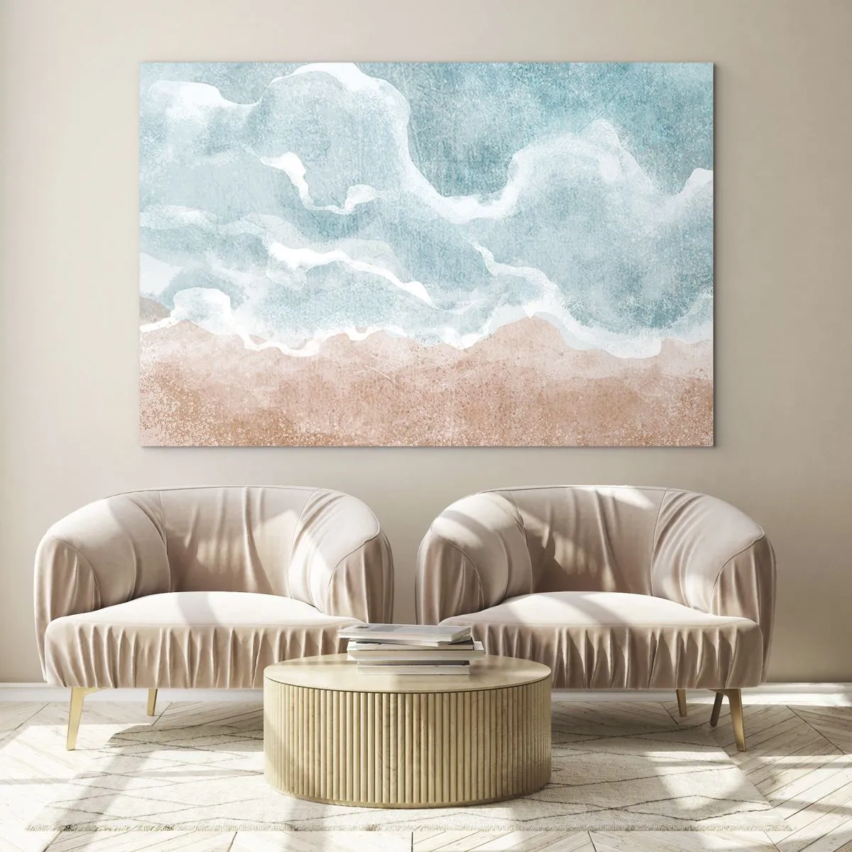 Cuadro sobre vidrio - Impresiones sobre Vidrio - Las ondas pastel en tonos azules y beige crean una abstracción nublada. - 70x50cm - Abstracción de nubes - Decoración de pared moderna para salón y dormitorio ARTTOR