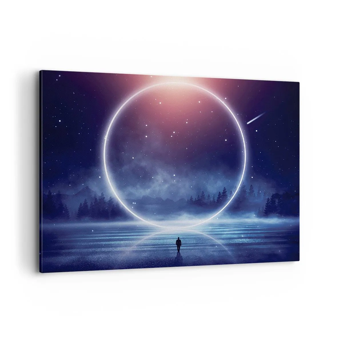 Cuadro sobre lienzo - Impresión de Imagen - Un paisaje mágico con una figura y un círculo de luz por la noche. - 100x70cm - Ya están aquí... - Decoración de pared moderna para salón y dormitorio ARTTOR