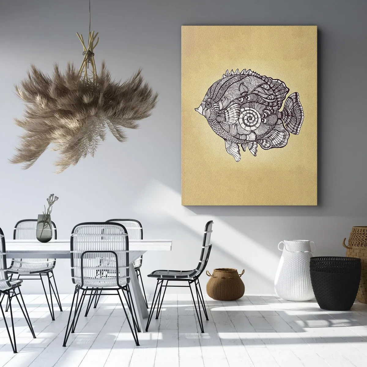 Cuadro sobre lienzo - Impresión de Imagen - Peces decorativos en estilo de dibujo con patrones. - 50x70cm - De un océano de ornamentos - Decoración de pared moderna para salón y dormitorio ARTTOR
