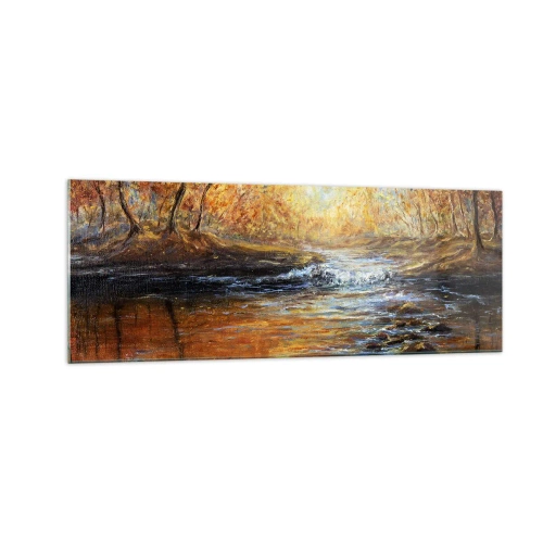 Cuadro sobre vidrio - Impresiones sobre Vidrio - Paisaje otoñal con un río entre los árboles. - 140x50cm - Arroyo de oro - Decoración de pared moderna para salón y dormitorio ARTTOR