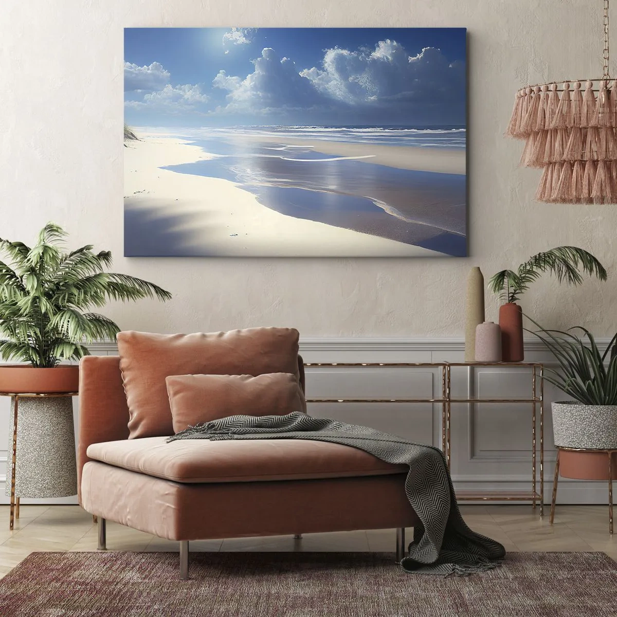 Cuadro sobre lienzo - Impresión de Imagen - Una playa de arena con olas bajo un cielo azul. - 70x50cm - Vacaciones en el paraíso - Decoración de pared moderna para salón y dormitorio ARTTOR