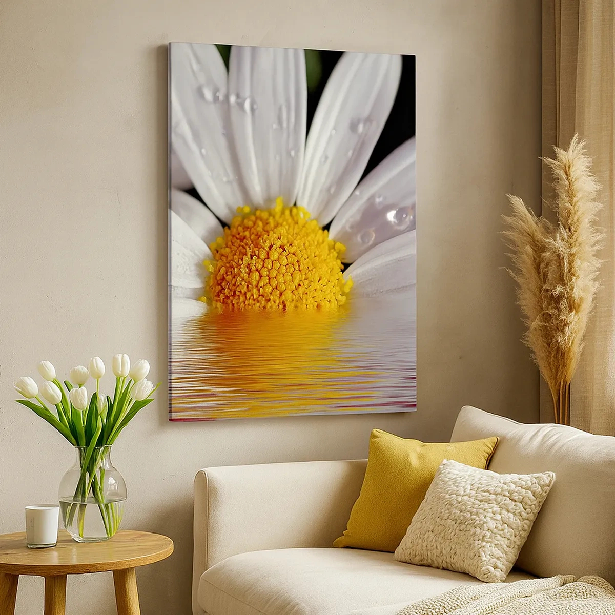 Cuadro sobre lienzo - Impresión de Imagen - Una margarita blanca con gotas de agua inmersas en un reflejo de agua. - 50x70cm - El sol naciente de una margarita - Decoración de pared moderna para salón y dormitorio ARTTOR