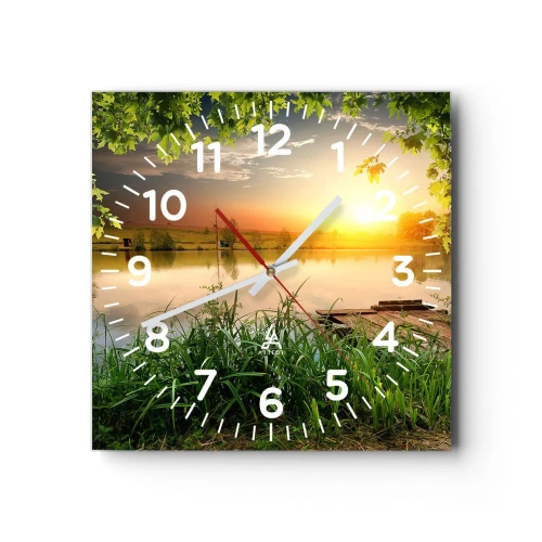 Reloj de pared - Reloj de vidrio - Paisaje en un marco verde - 30x30 cm