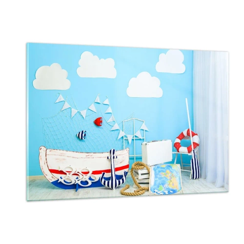 Cuadro sobre vidrio - Impresiones sobre Vidrio - Escena marina decorativa con un barco y accesorios náuticos. - 120x80cm - El ansia de aventura de un niño - Decoración de pared moderna para salón y dormitorio ARTTOR