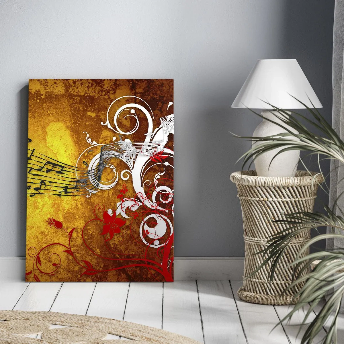 Cuadro sobre lienzo - Impresión de Imagen - Notas musicales abstractas sobre un fondo colorido con adornos. - 50x70cm - Deja que la música fluya - Decoración de pared moderna para salón y dormitorio ARTTOR