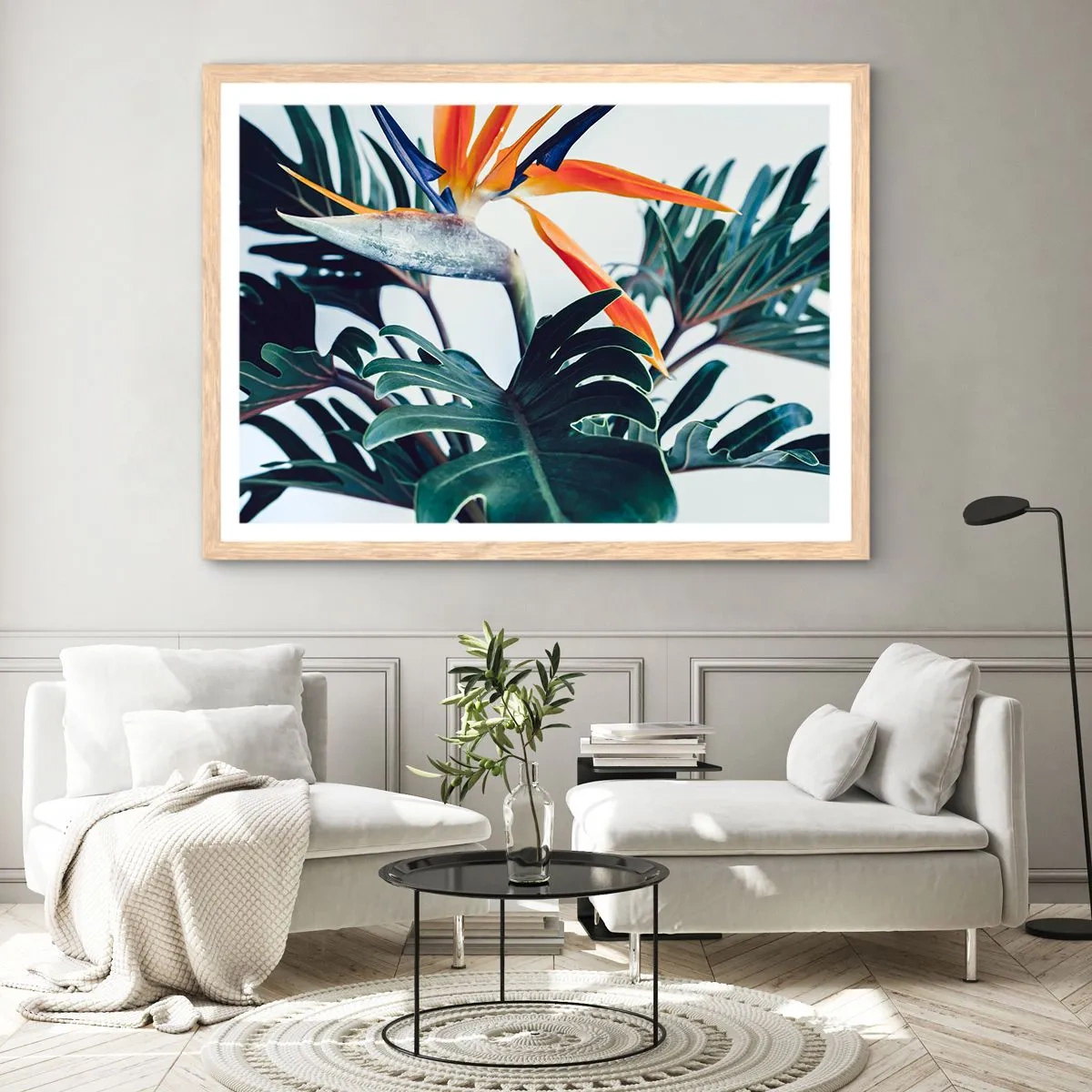 Póster en marco roble claro - La jaula del pájaro colorido - 100x70 cm