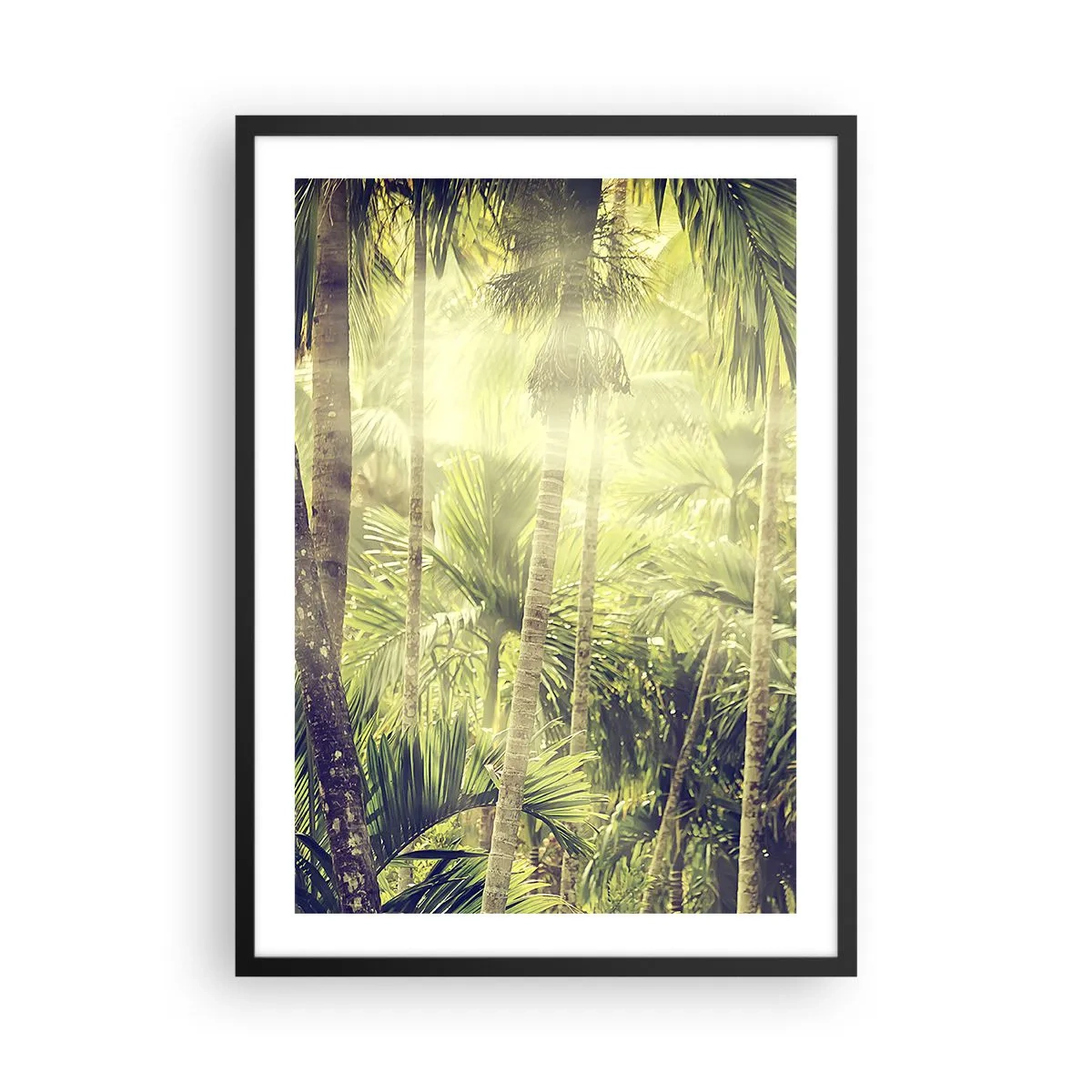 Póster en marco negro - Bosque tropical con rayos de sol al fondo - 50x70cm - En el cálido verde - Decoración de pared moderna para salón y dormitorio ARTTOR