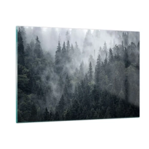 Cuadro sobre vidrio - Impresiones sobre Vidrio - Niebla que se cierne sobre el denso bosque de coníferas por la mañana. - 120x80cm - Amanecer en el bosque - Decoración de pared moderna para salón y dormitorio ARTTOR