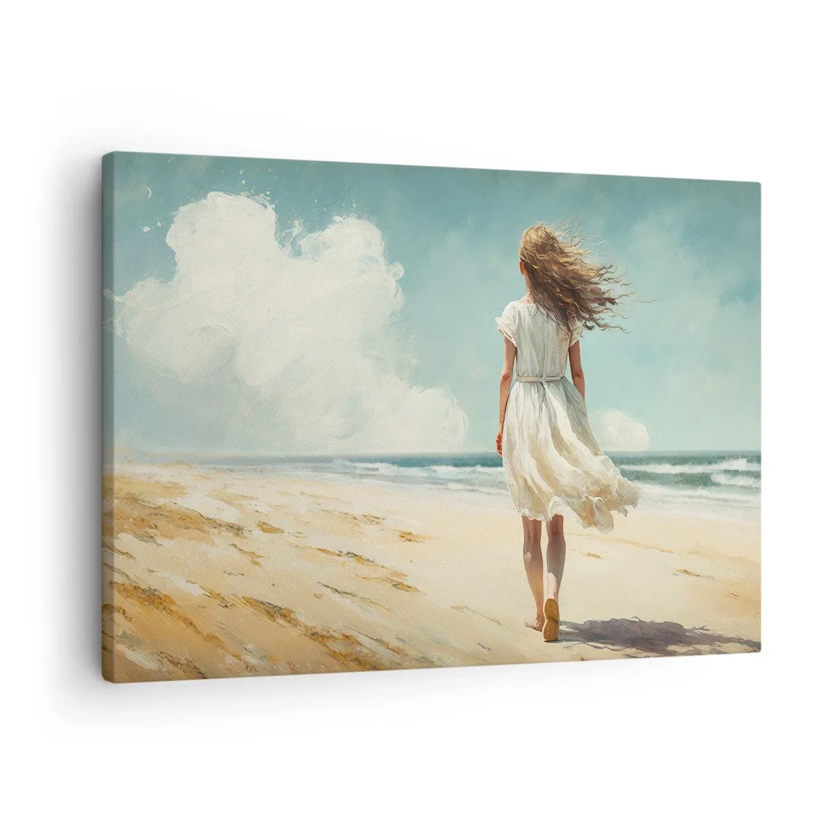 Cuadro sobre lienzo - Impresión de Imagen - Una mujer con un vestido blanco caminando por la playa en un día soleado. - 70x50cm - Al encuentro del sol y del viento - Decoración de pared moderna para salón y dormitorio ARTTOR