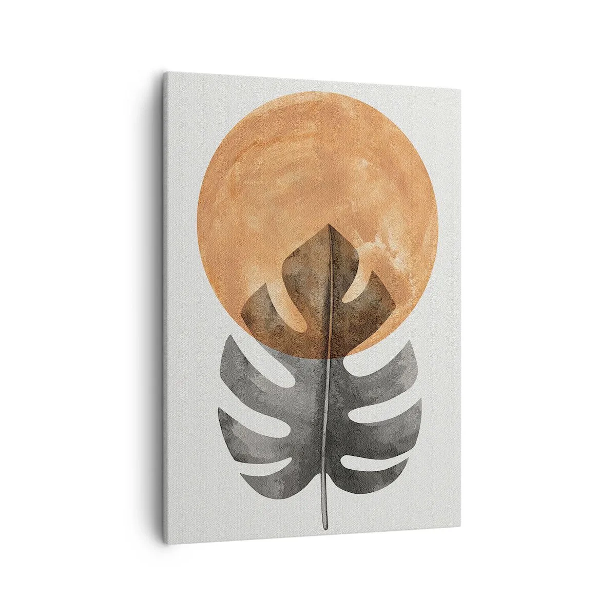 Cuadro sobre lienzo - Impresión de Imagen - Hoja de monstera y círculo dorado sobre un fondo claro - 50x70cm - Siempre el sol - Decoración de pared moderna para salón y dormitorio ARTTOR