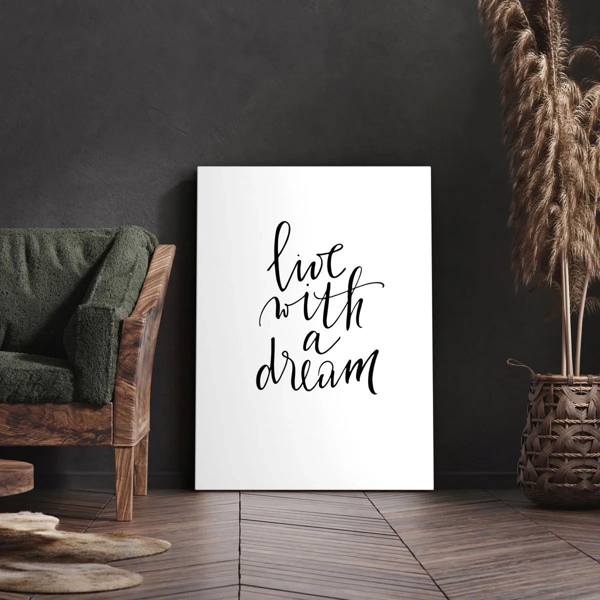 Cuadro sobre lienzo - Impresión de Imagen - Una pintura minimalista con las palabras 'vive con un sueño' en negro sobre un fondo blanco. - 50x70cm - Por supuesto - Decoración de pared moderna para salón y dormitorio ARTTOR