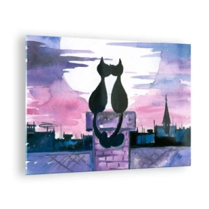 Cuadro sobre vidrio - Impresiones sobre Vidrio - Siluetas de dos gatos contra el sol poniente - 70x50cm - Cita bajo la luna - Decoración de pared moderna para salón y dormitorio ARTTOR