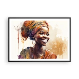 Póster en marco negro - Retrato de una mujer sonriente con una bufanda colorida en acuarela - 100x70cm - Reina africana - Decoración de pared moderna para salón y dormitorio ARTTOR