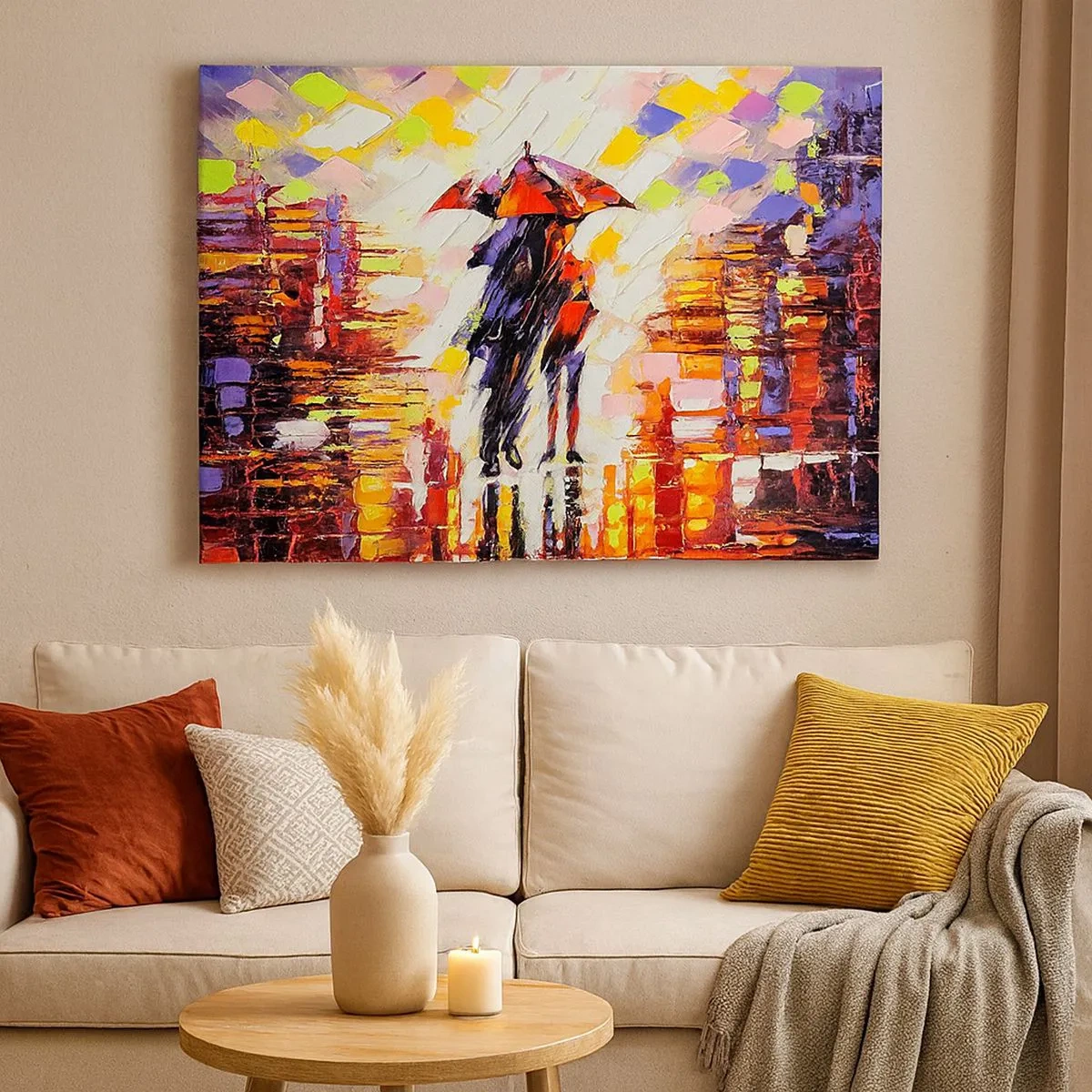 Cuadro sobre lienzo - Impresión de Imagen - Una escena abstracta de un paseo bajo un paraguas en una noche lluviosa. - 70x50cm - Juntos a través de la noche y la lluvia - Decoración de pared moderna para salón y dormitorio ARTTOR