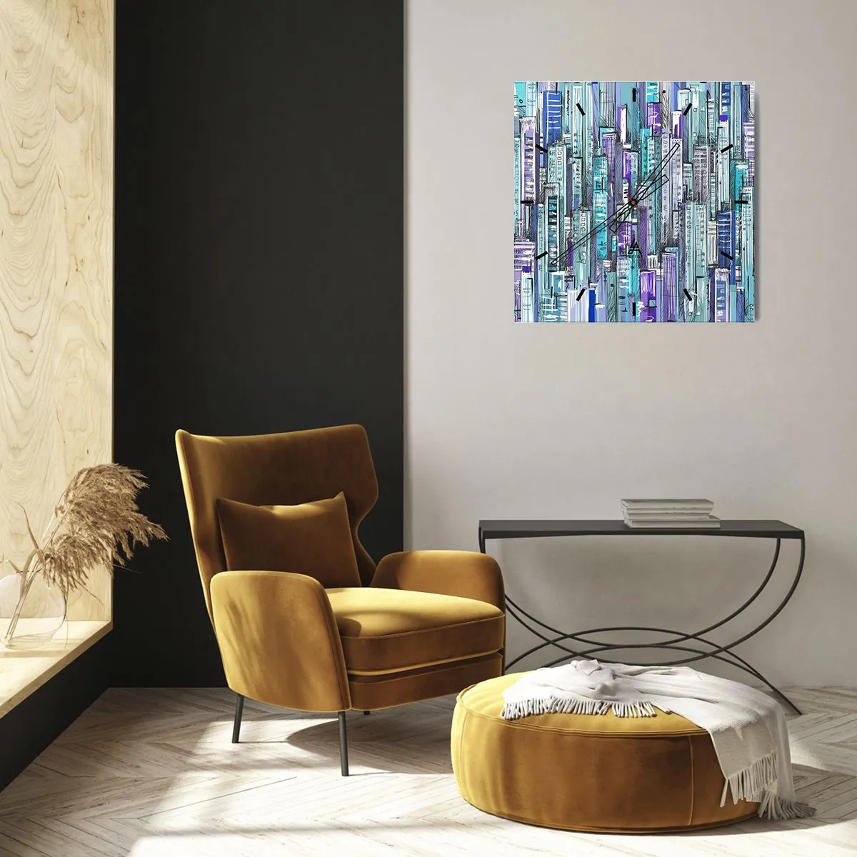 Reloj de pared - Reloj de vidrio - Ilustración de una ciudad con edificios geométricos en tonos azules y morados. - 30x30cm - Azul del cielo - Decoración de pared moderna para salón y dormitorio ARTTOR