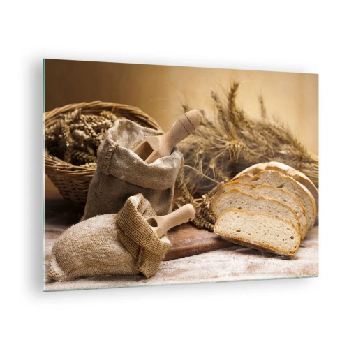 Cuadro sobre vidrio - Impresiones sobre Vidrio - Pan, harina y espigas de trigo al estilo rústico - 70x50cm - Corte perfecto - Decoración de pared moderna para salón y dormitorio ARTTOR