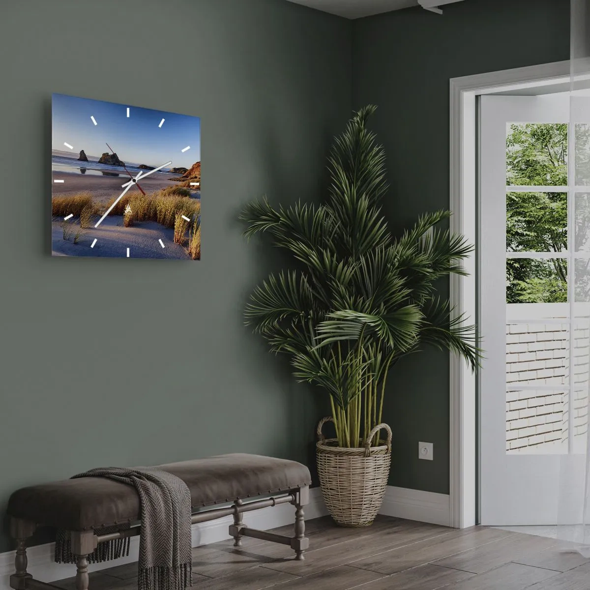Reloj de pared - Reloj de vidrio - Una playa pintoresca con vistas a las rocas y al mar al atardecer. - 30x30cm - Para buscadores de tranquilidad - Decoración de pared moderna para salón y dormitorio ARTTOR