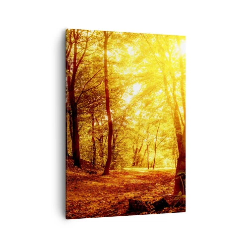 Cuadro sobre lienzo - Impresión de Imagen - Claro de otoño bajo la luz dorada del sol con un sendero forestal - 50x70cm - Hacia un claro de oro - Decoración de pared moderna para salón y dormitorio ARTTOR