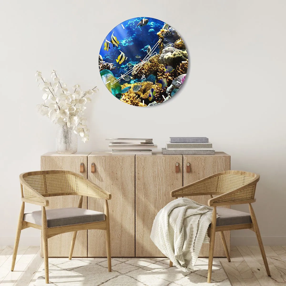 Reloj de pared - Reloj de vidrio - Arrecife de coral con peces tropicales en el océano azul. - 30x30cm - Vacaciones submarinas - Decoración de pared moderna para salón, cocina y dormitorio ARTTOR