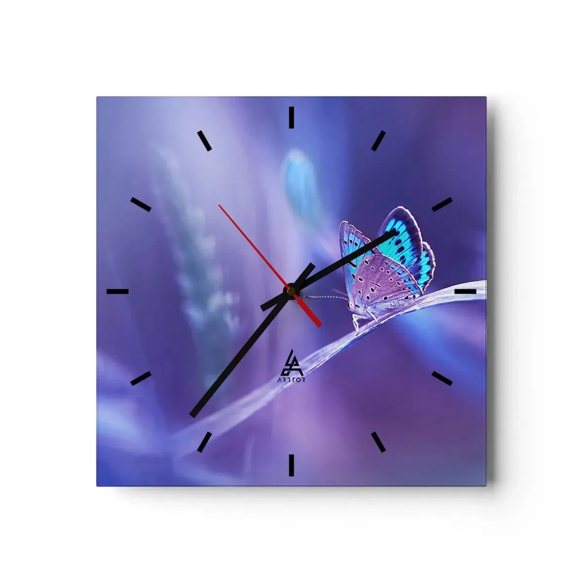 Reloj de pared - Reloj de vidrio - Una delicada mariposa azul sobre un tallo en luz violeta. - 30x30cm - Una joya de la naturaleza - Decoración de pared moderna para salón y dormitorio ARTTOR
