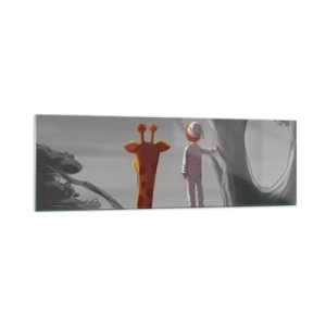Cuadro sobre vidrio - Impresiones sobre Vidrio - Un niño y una jirafa en la rama de un árbol en un paisaje de cuento de hadas. - 160x50cm - ¿Está sucediendo de verdad? - Decoración de pared moderna para salón y dormitorio ARTTOR