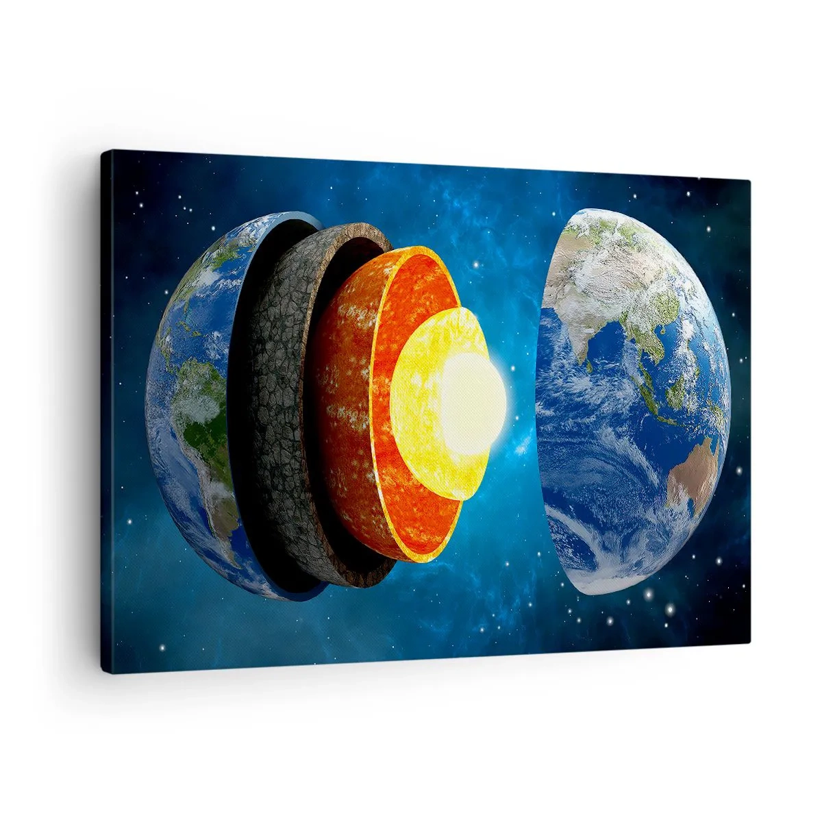 Cuadro sobre lienzo - Impresión de Imagen - Una sección transversal de la Tierra que muestra sus capas en el espacio. - 70x50cm - Una expedición a las entrañas de la Tierra - Decoración de pared moderna para salón y dormitorio ARTTOR