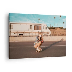 Cuadro sobre lienzo - Impresión de Imagen - Una chica en patines tomando una foto en un día soleado. - 70x50cm - ¡Sonrían, por favor! - Decoración de pared moderna para salón y dormitorio ARTTOR