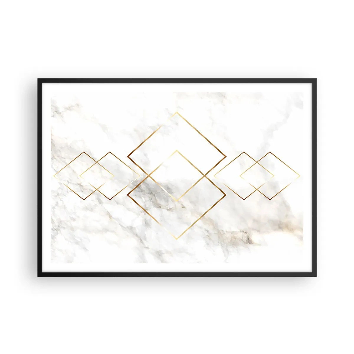 Póster en marco negro - Rombos dorados minimalistas sobre un fondo de mármol. - 100x70cm - Una vista al infinito - Decoración de pared moderna para salón y dormitorio ARTTOR